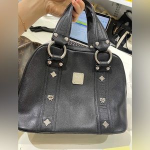 Authentic MCM Black Pebbled Leather Silver Studded Logo Motifs Medium Boston Bag